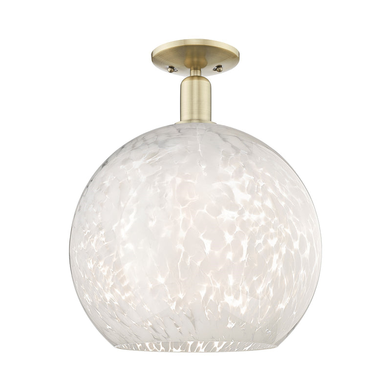 Innovations Lighting White Mouchette 14in 1-Light Semi-Flush Mount | Industrial Antique Brass Steel and White Glass | Model 716-1C-AB-G1216-14WM