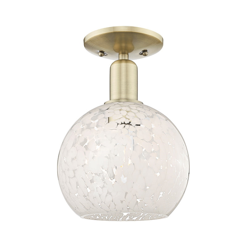 Innovations White Mouchette 8in 1-Light Semi-Flush Mount | Industrial Antique Brass Steel and White Mouchette Glass | Hallway | Model 716-1C-AB-G1216-8WM
