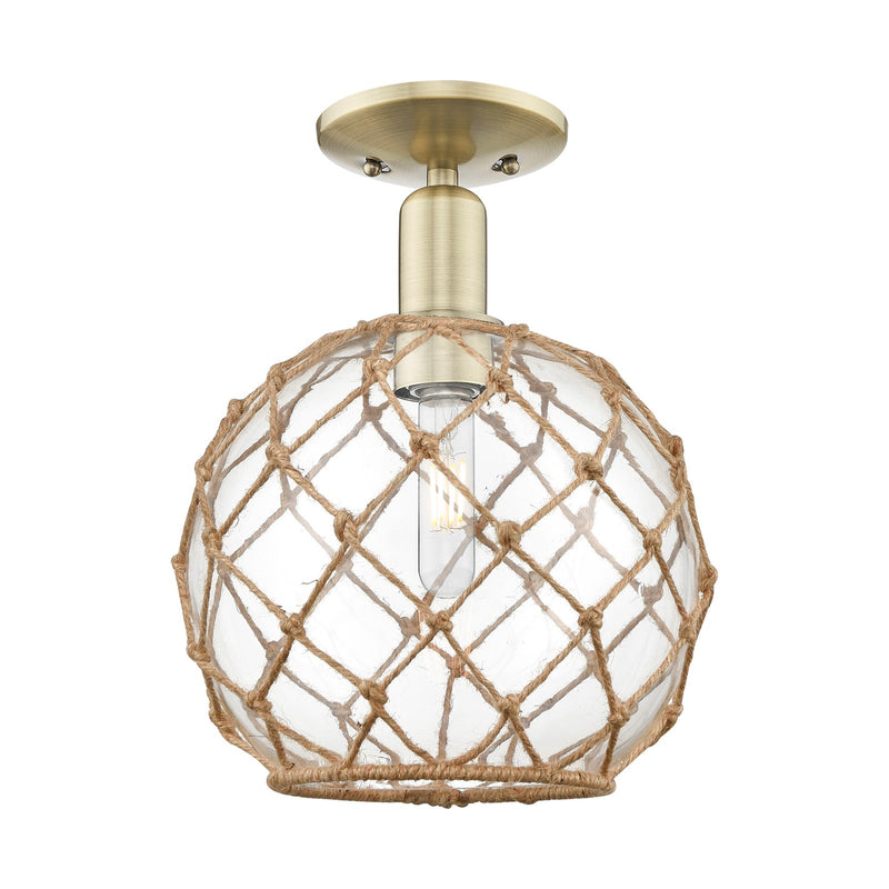 Innovations Farmhouse Rope 10in 1-Light Semi-Flush Mount | Industrial Antique Brass Steel and Clear Glass with Brown Rope | Model 716-1C-AB-G122-10RB