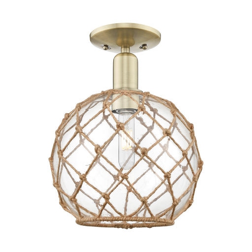 Innovations Farmhouse Rope 10in 1-Light Semi-Flush Mount | Industrial Antique Brass Steel and Clear Glass with Brown Rope | Model 716-1C-AB-G122-10RB