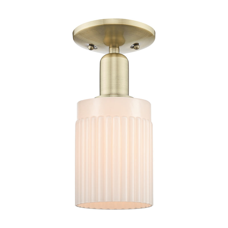 Innovations Hadley 4.5in 1-Light Semi-Flush Mount | Industrial Antique Brass and Matte White Ribbed Glass | Entryway & Hallway | Model 716-1C-AB-G341