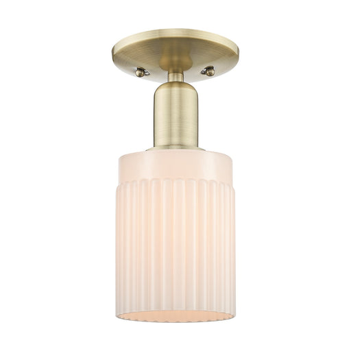 Innovations Hadley 4.5in 1-Light Semi-Flush Mount | Industrial Antique Brass and Matte White Ribbed Glass | Entryway & Hallway | Model 716-1C-AB-G341