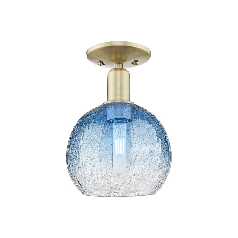 Innovations Brookhaven Globe 8in 1-Light Semi-Flush Mount | Industrial Antique Brass and Sapphire Blue Glass | Entryway & | Model 716-1C-AB-G483-8SB