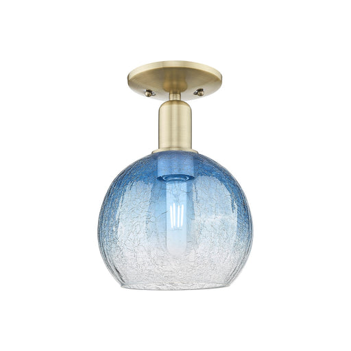 Innovations Brookhaven Globe 8in 1-Light Semi-Flush Mount | Industrial Antique Brass and Sapphire Blue Glass | Entryway & | Model 716-1C-AB-G483-8SB