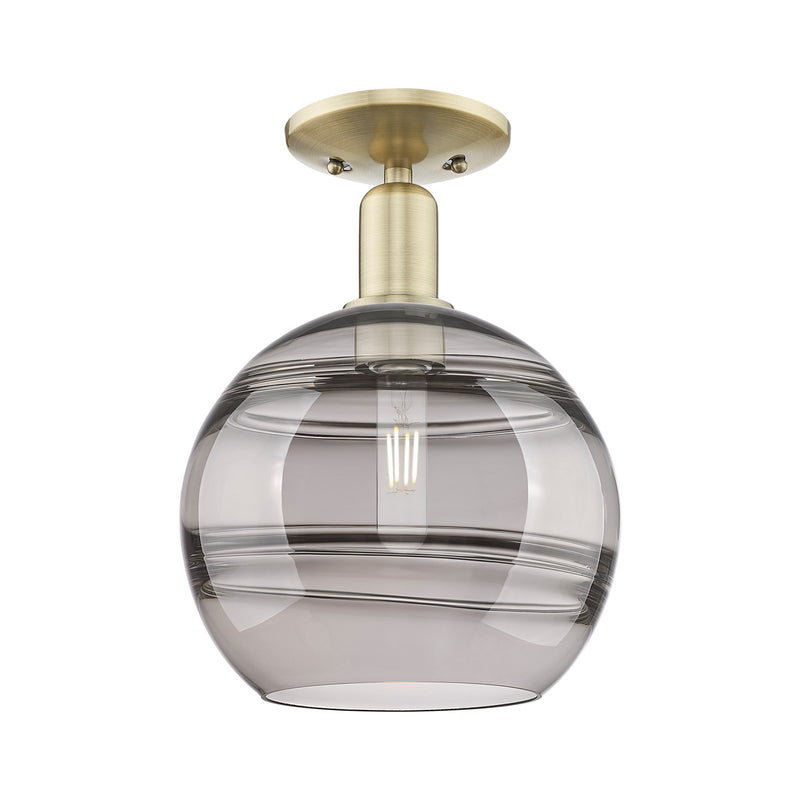 Innovations Rochester 10in 1-Light Semi-Flush Mount | Industrial Antique Brass and Light Smoke Glass | Entryway & Hallway | 10 | Model 716-1C-AB-G556-10SM