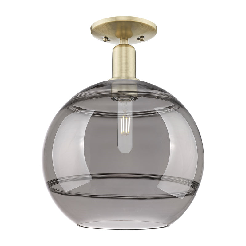 Innovations Rochester 12in 1-Light Semi-Flush Mount | Industrial Antique Brass and Light Smoke Glass | Entryway & Hallway | 12 | Model 716-1C-AB-G556-12SM
