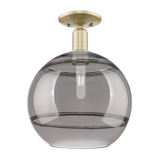 Innovations Rochester 12in 1-Light Semi-Flush Mount | Industrial Antique Brass and Light Smoke Glass | Entryway & Hallway | 12 | Model 716-1C-AB-G556-12SM