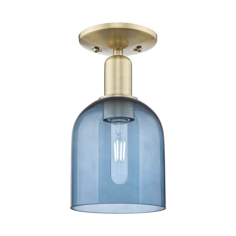 Innovations Bella 6in 1-Light Semi-Flush Mount | Industrial Antique Brass and Blue Glass | Entryway & Hallway | 5.5 x 11 in | Model 716-1C-AB-G558-6BL