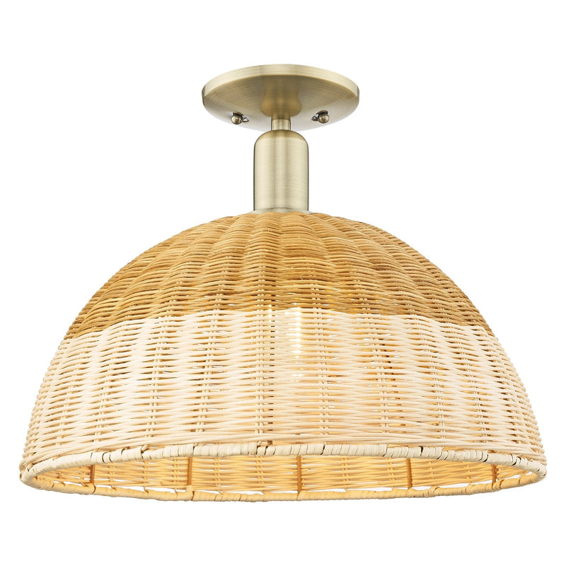 Innovations Natural Ballston Dome 16in 1-Light Semi-Flush Mount | Farmhouse Antique Brass and Natural Fiber Basketweave | Model 716-1C-AB-NBD2-16-NAT