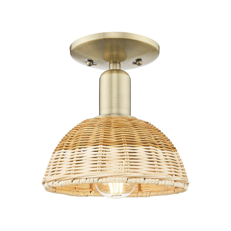 Innovations Natural Ballston Dome 7.5in 1-Light Semi-Flush Mount | Farmhouse Antique Brass and Natural Fiber Basketweave | Model 716-1C-AB-NBD2-75-NAT