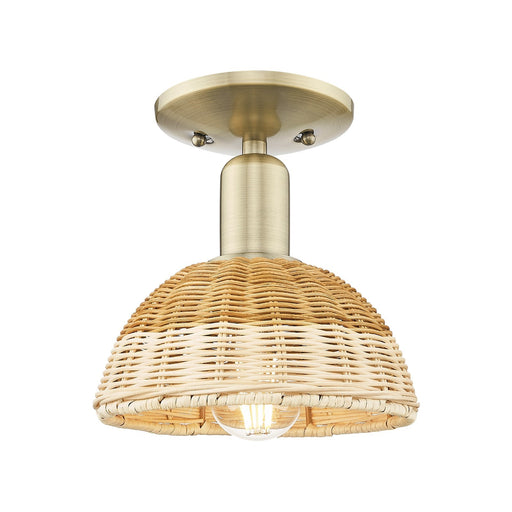 Innovations Natural Ballston Dome 7.5in 1-Light Semi-Flush Mount | Farmhouse Antique Brass and Natural Fiber Basketweave | Model 716-1C-AB-NBD2-75-NAT