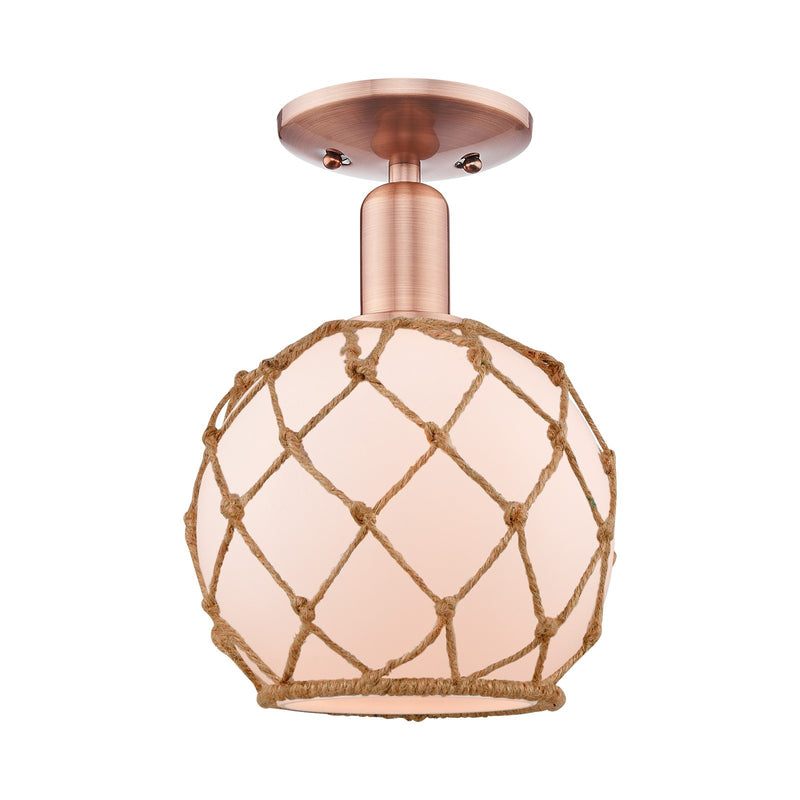 Innovations Farmhouse Rope 8in 1-Light Semi-Flush Mount | Industrial Antique Copper Steel and White Frosted Glass with Brown | Model 716-1C-AC-G121-8RB