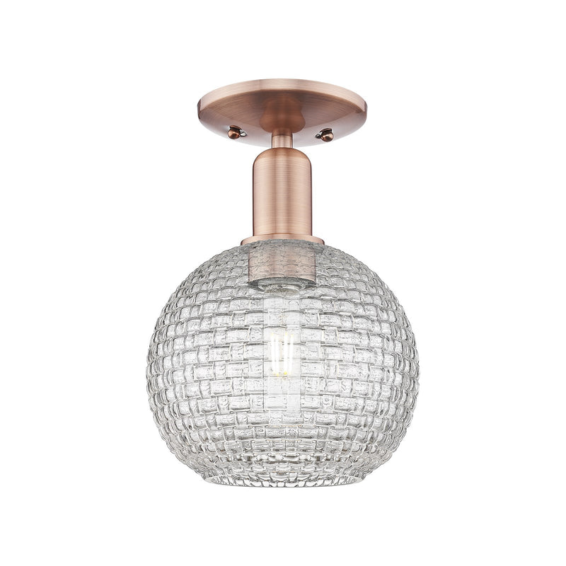 Innovations Athens 8in 1-Light Semi-Flush Mount | Industrial Antique Copper Steel and Clear Basket Weave Glass | Entryway & | Model 716-1C-AC-G122C-8CL