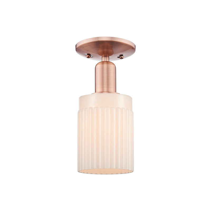 Innovations Hadley 4.5in 1-Light Semi-Flush Mount | Industrial Antique Copper Steel and Matte White Ribbed Glass | Entryway & | Model 716-1C-AC-G341