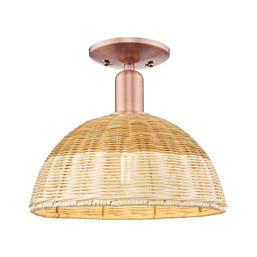 Innovations Natural Ballston Dome 12in 1-Light Semi-Flush Mount | Farmhouse Antique Copper and Natural Fiber Basketweave | Model 716-1C-AC-NBD2-12-NAT
