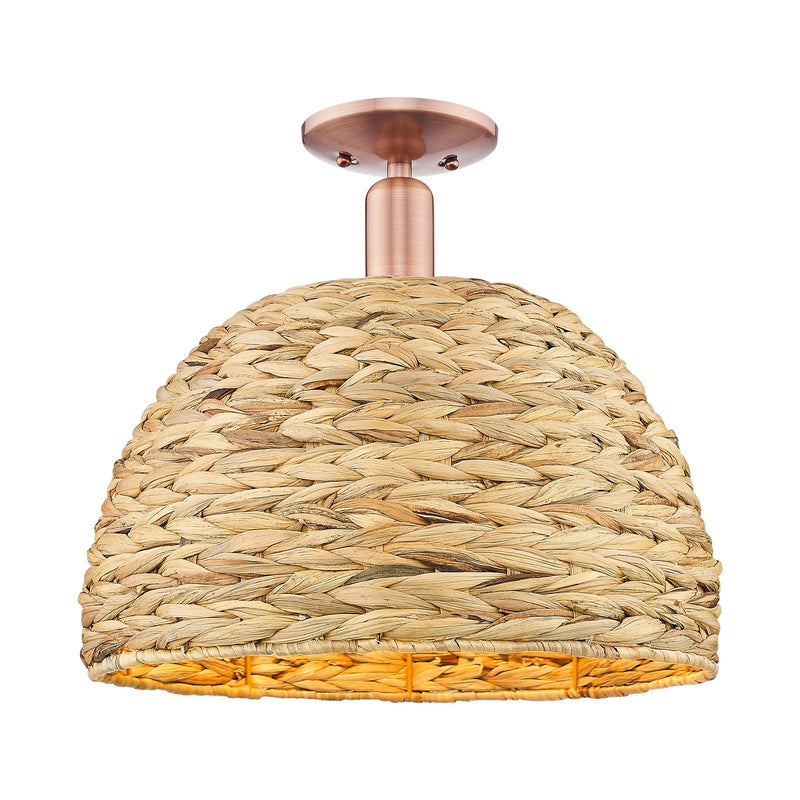 Innovations Arcadia 16in 1-Light Semi-Flush Mount | Industrial Antique Copper Steel and Natural Rattan | Damp-Rated Entryway | Model 716-1C-AC-RBD-16-NAT