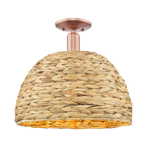 Innovations Arcadia 16in 1-Light Semi-Flush Mount | Industrial Antique Copper Steel and Natural Rattan | Damp-Rated Entryway | Model 716-1C-AC-RBD-16-NAT