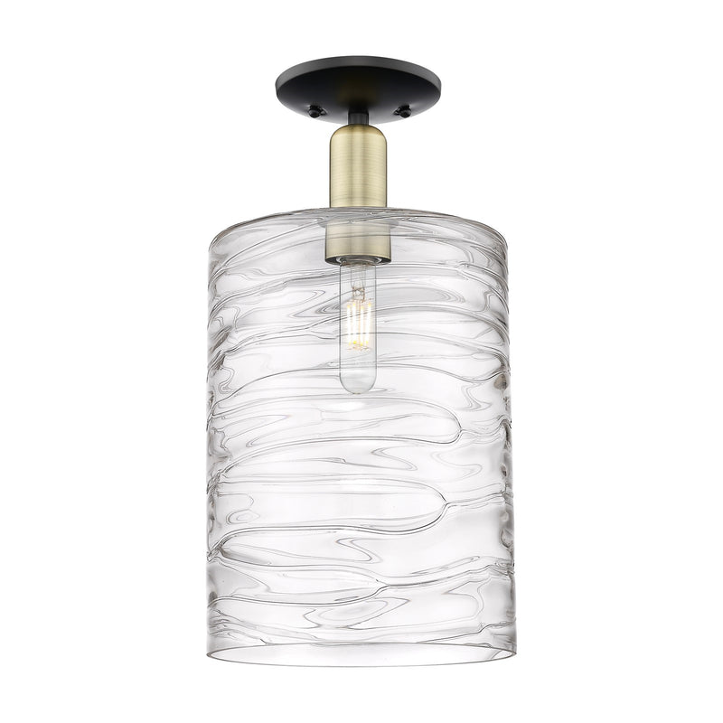 Innovations Cobbleskill 9in 1-Light Semi-Flush Mount | Industrial Black Antique Brass Steel and Deco Swirl Clear Glass | Model 716-1C-BAB-G1113-L