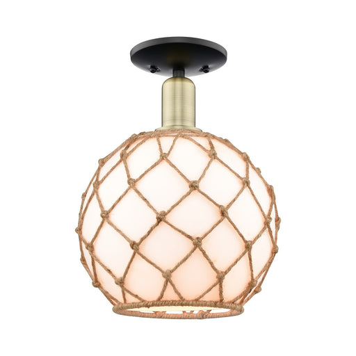 Innovations Farmhouse Rope 10in 1-Light Semi-Flush Mount | Industrial Black Antique Brass and Matte White Glass with Rope | Model 716-1C-BAB-G121-10RB