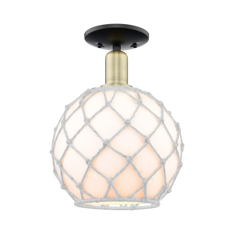 Innovations Farmhouse Rope 10in 1-Light Semi-Flush Mount | Industrial Black Antique Brass and White Glass with Rope Shade | Model 716-1C-BAB-G121-10RW