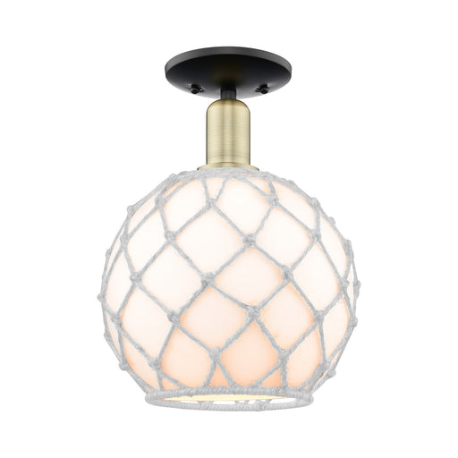 Innovations Farmhouse Rope 10in 1-Light Semi-Flush Mount | Industrial Black Antique Brass and White Glass with Rope Shade | Model 716-1C-BAB-G121-10RW