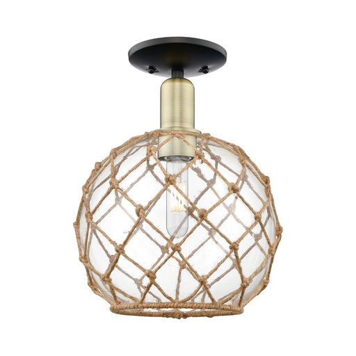 Innovations Farmhouse Rope 10in 1-Light Semi-Flush Mount | Industrial Black Antique Brass Steel and Clear Glass with Brown | Model 716-1C-BAB-G122-10RB