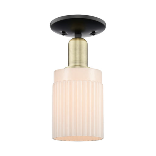 Innovations Hadley 1-Light 4.5in Semi-Flush Mount | Industrial Black Antique Brass and Matte White Ribbed Glass | Entryway & | Model 716-1C-BAB-G341