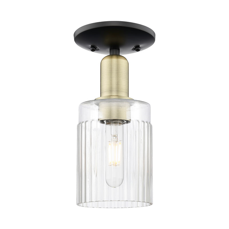 Innovations Hadley 1-Light 4.5in Semi-Flush Mount | Industrial Black Antique Brass Steel and Clear Ribbed Glass | Kitchen & | Model 716-1C-BAB-G342