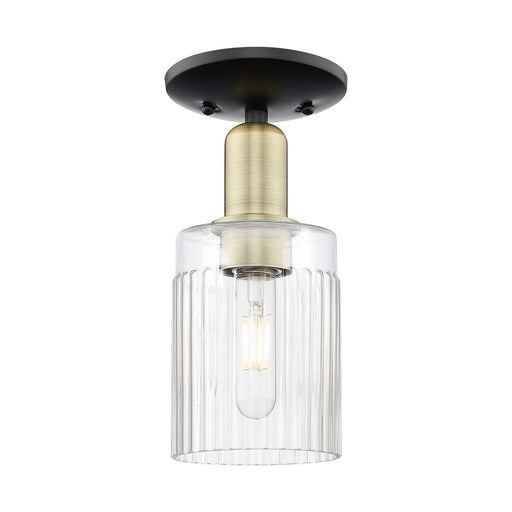 Innovations Hadley 1-Light 4.5in Semi-Flush Mount | Industrial Black Antique Brass Steel and Clear Ribbed Glass | Kitchen & | Model 716-1C-BAB-G342