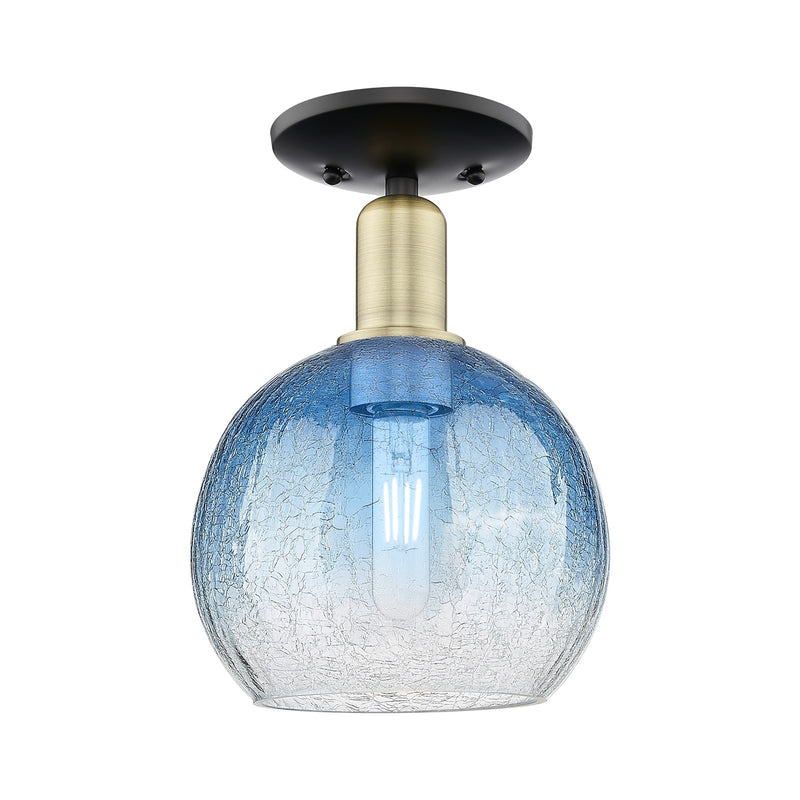 Innovations Brookhaven Globe 8in 1-Light Semi-Flush Mount | Industrial Black Antique Brass and Sapphire Blue Glass | Entryway | Model 716-1C-BAB-G483-8SB
