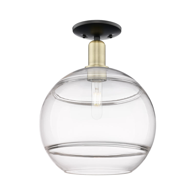 Innovations Rochester 12in 1-Light Semi-Flush Mount | Industrial Black Antique Brass Steel and Clear Glass | Entryway & | Model 716-1C-BAB-G556-12CL