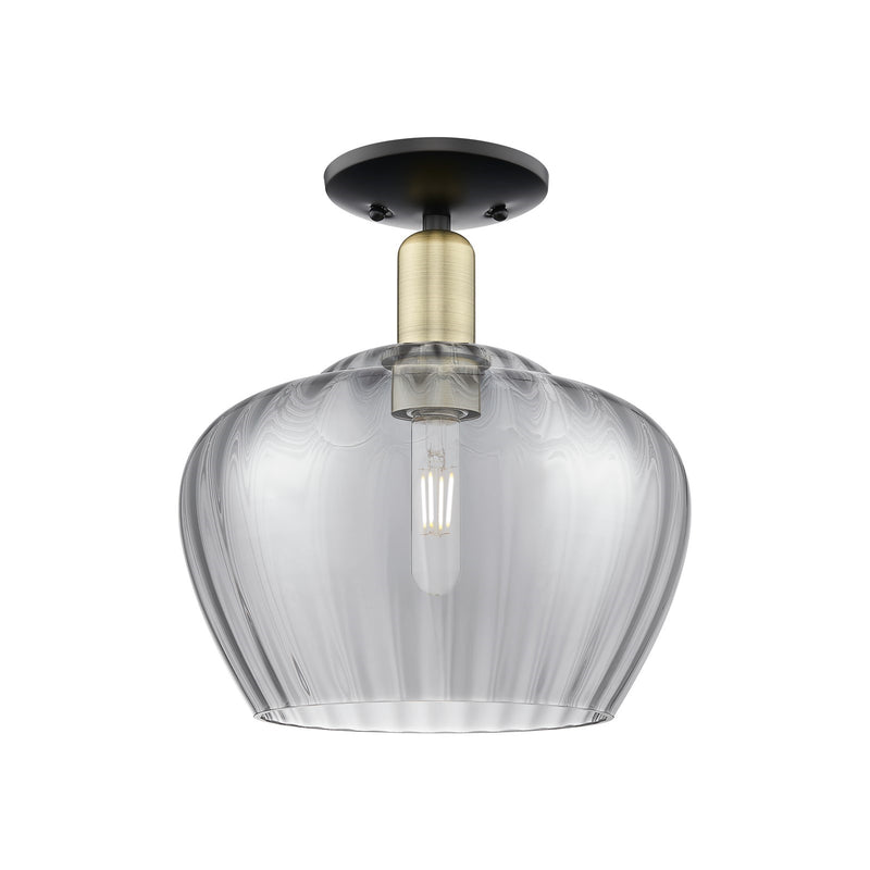 Innovations Fenton 11in 1-Light Semi-Flush Mount | Industrial Black Antique Brass and Light Smoke Ribbed Glass | Damp-Rated | Model 716-1C-BAB-G93-L