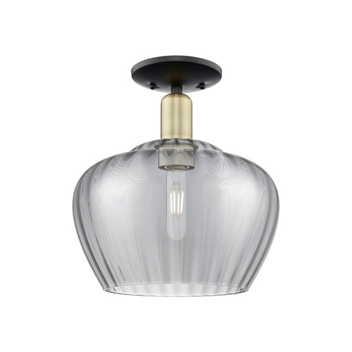 Innovations Fenton 11in 1-Light Semi-Flush Mount | Industrial Black Antique Brass and Light Smoke Ribbed Glass | Damp-Rated | Model 716-1C-BAB-G93-L
