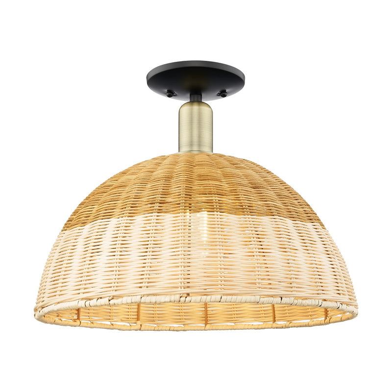 Innovations Ballston Dome 16in 1-Light Semi-Flush Mount | Farmhouse Black Antique Brass and Natural Fiber | Entryway & | Model 716-1C-BAB-NBD2-16-NAT