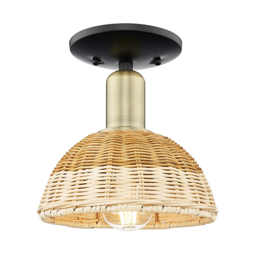 Innovations Natural Ballston Dome 7.5in 1-Light Semi-Flush Mount | Farmhouse Black Antique Brass Steel and Natural Fiber | Model 716-1C-BAB-NBD2-75-NAT
