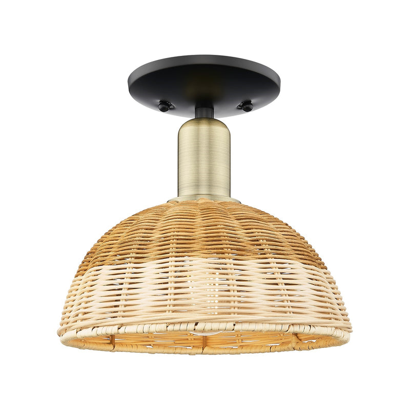 Innovations Natural Ballston Dome 9in 1-Light Semi-Flush Mount | Farmhouse Black Antique Brass and Natural Fiber Dome | Model 716-1C-BAB-NBD2-9-NAT