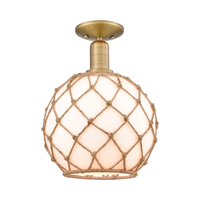 Innovations Farmhouse Rope 10in 1-Light Semi-Flush Mount | Industrial Brushed Brass Steel and Matte White Glass with Rope | Model 716-1C-BB-G121-10RB