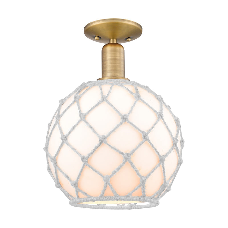 Innovations Farmhouse Rope 10in 1-Light Semi-Flush Mount | Industrial Brushed Brass and White Glass with White Rope | Entryway | Model 716-1C-BB-G121-10RW