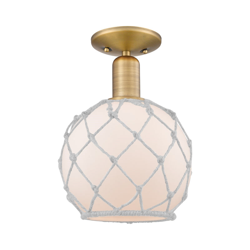 Innovations Farmhouse Rope 8in 1-Light Semi-Flush Mount | Industrial Brushed Brass and White Glass with Rope | Entryway & | Model 716-1C-BB-G121-8RW