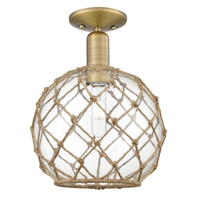 Innovations Farmhouse Rope 10in 1-Light Semi-Flush Mount | Industrial Brushed Brass Steel and Clear Glass with Brown Rope | Model 716-1C-BB-G122-10RB