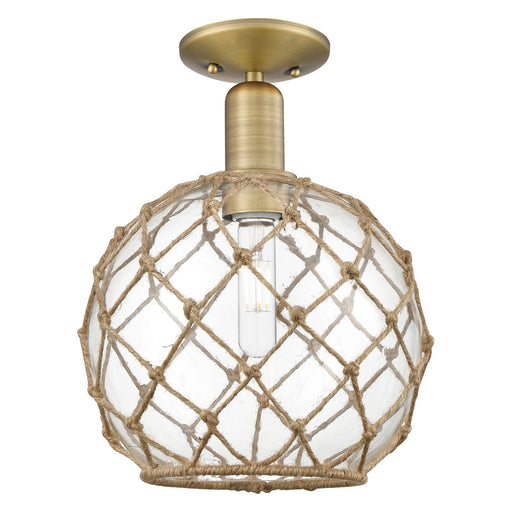 Innovations Farmhouse Rope 10in 1-Light Semi-Flush Mount | Industrial Brushed Brass Steel and Clear Glass with Brown Rope | Model 716-1C-BB-G122-10RB