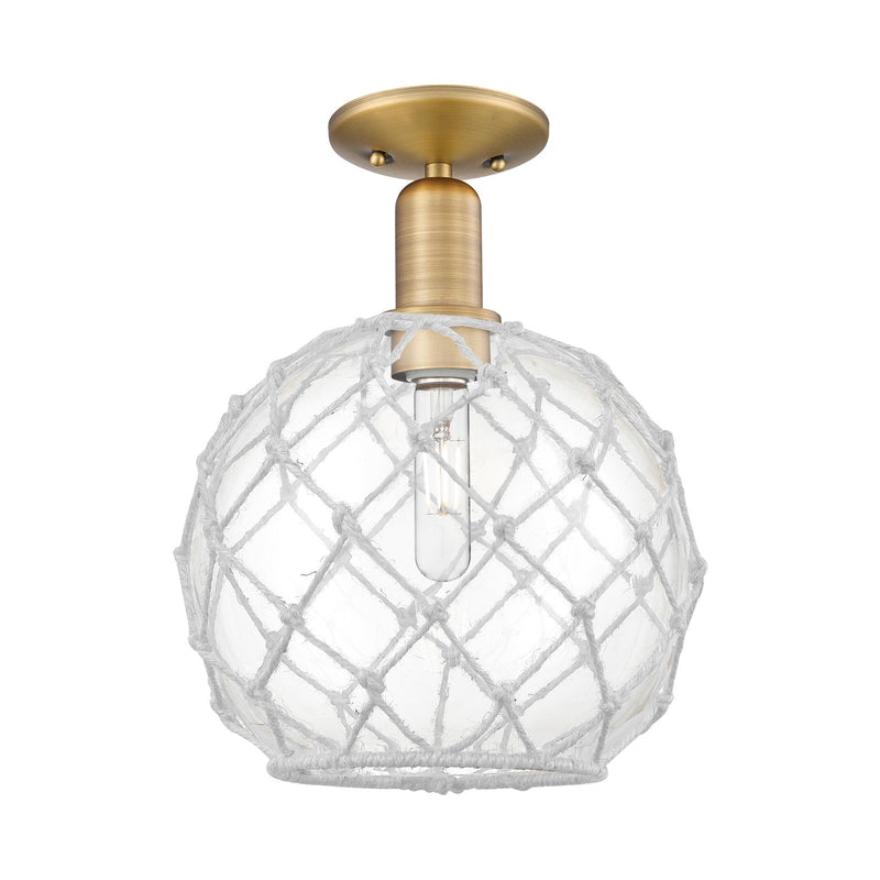 Innovations Farmhouse Rope 10in 1-Light Semi-Flush Mount | Industrial Brushed Brass Steel and Clear Glass with White Rope | Model 716-1C-BB-G122-10RW