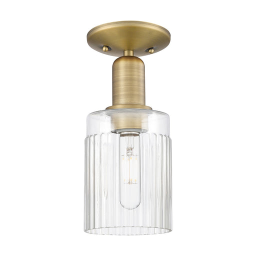 Innovations Hadley 4.5in 1-Light Semi-Flush Mount | Industrial Brushed Brass Steel and Clear Ribbed Glass | Entryway & Hallway | Model 716-1C-BB-G342