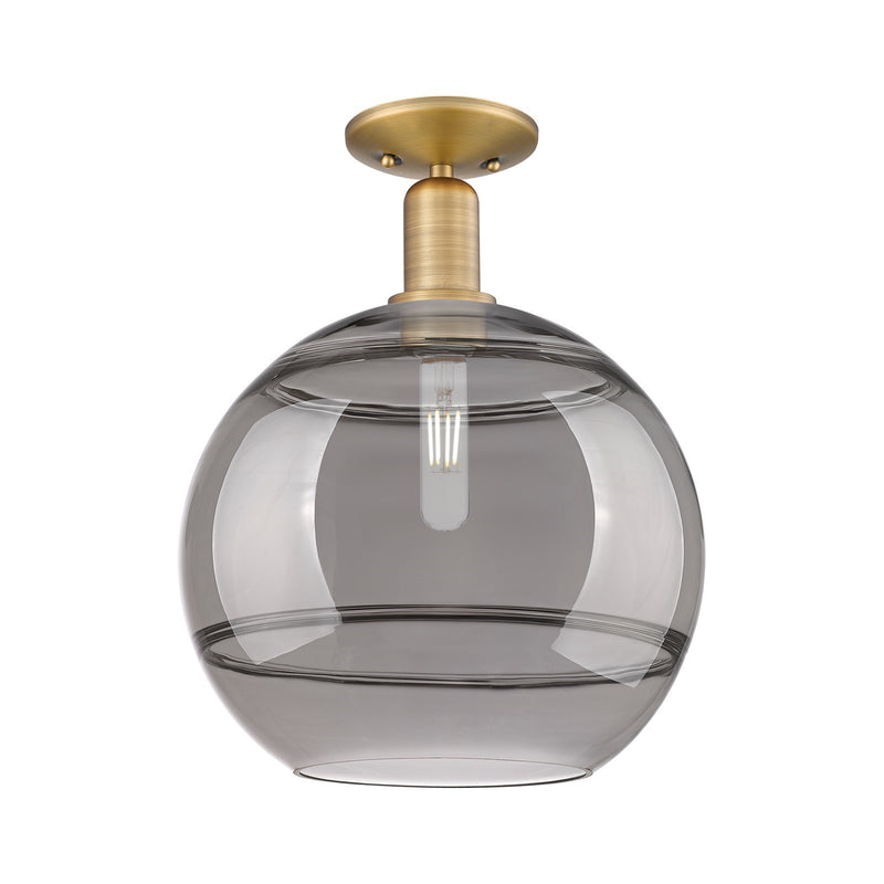 Innovations Rochester 12in 1-Light Semi-Flush Mount | Industrial Brushed Brass and Light Smoked Glass | Entryway & Hallway | Model 716-1C-BB-G556-12SM