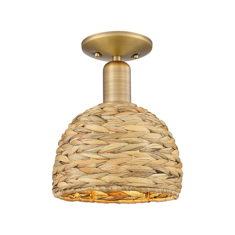 Innovations Woven Rattan 8in 1-Light Semi-Flush Mount | Rustic Farmhouse Brushed Brass and Natural Woven Rattan | Kitchen & | Model 716-1C-BB-RBD-8-NAT