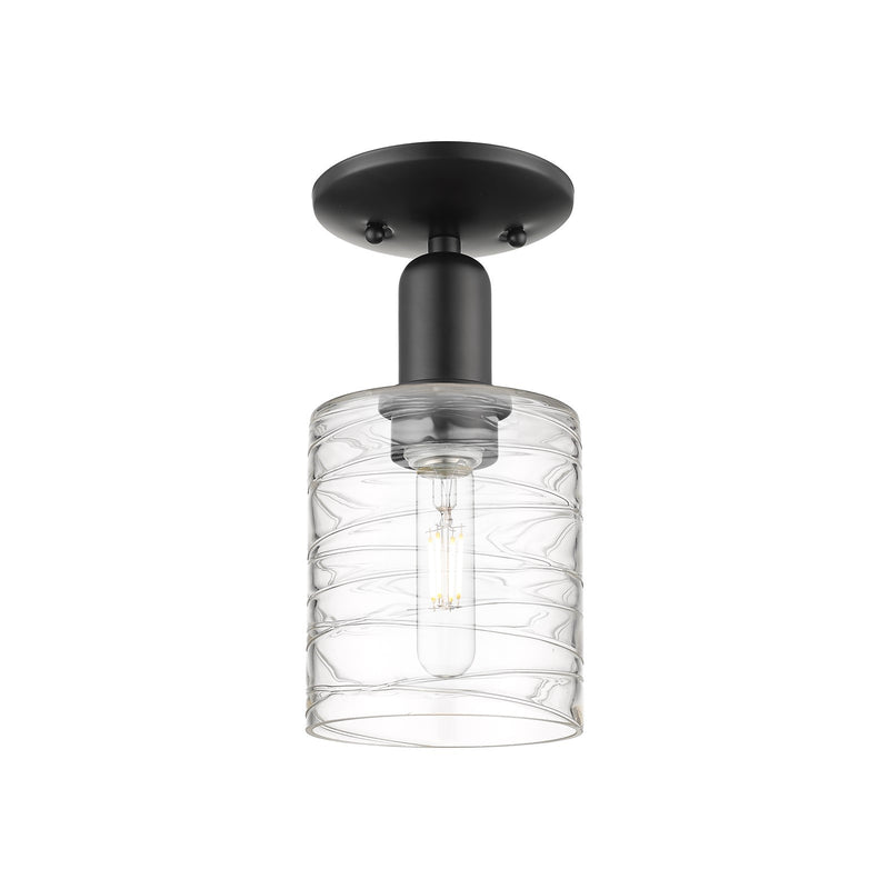 Innovations Cobbleskill 5in 1-Light Semi-Flush Mount | Industrial Matte Black Steel and Deco Swirl Glass | Hallway & Entryway | 5 | Model 716-1C-BK-G1113