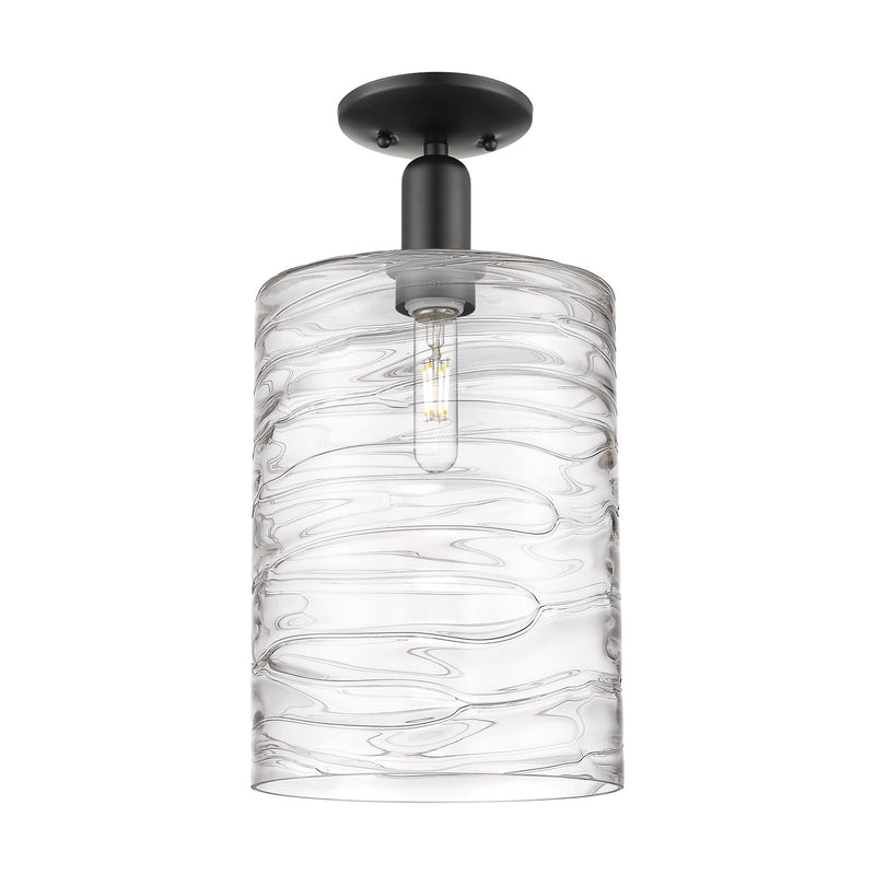 Innovations Cobbleskill 9in 1-Light Semi-Flush Mount | Industrial Matte Black Steel and Deco Swirl Clear Glass | Entryway & | Model 716-1C-BK-G1113-L
