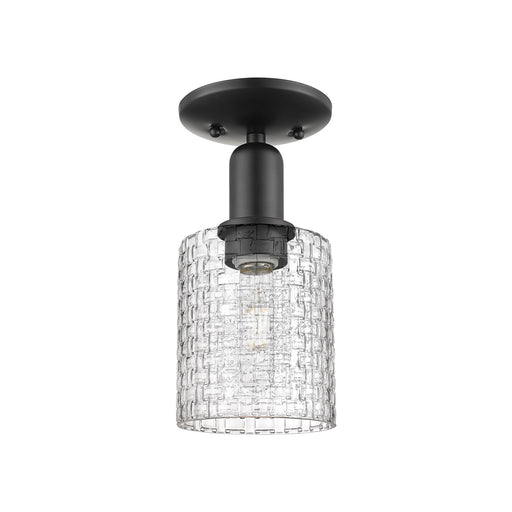 Innovations Cobbleskill 5in 1-Light Semi-Flush Mount | Industrial Matte Black Steel and Clear Basket Weave Glass | Hallway & | Model 716-1C-BK-G112C-5CL