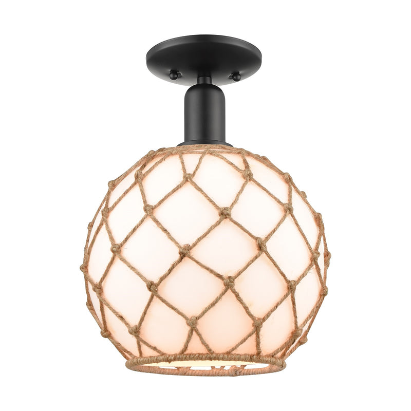 Innovations Farmhouse Rope 10in 1-Light Semi-Flush | Industrial Matte Black Steel and Matte White Glass with Brown Rope | Model 716-1C-BK-G121-10RB