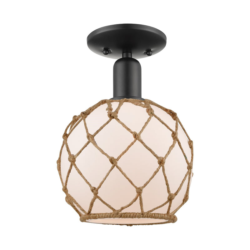Innovations Farmhouse Rope 8in 1-Light Semi-Flush Mount | Industrial Matte Black Steel and White Frosted Glass with Brown Rope | Model 716-1C-BK-G121-8RB